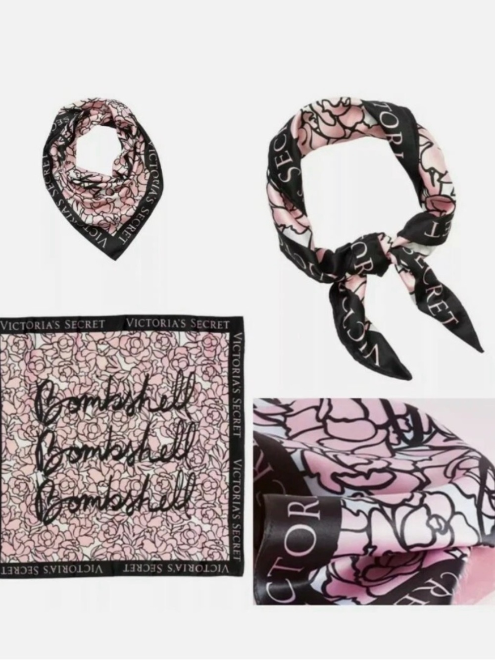 Victoria's Secret Satin Square Scarf Floral Logo Pink Black White 25inches nwt.